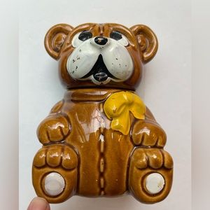 Vintage ceramic brown and yellow honey bear pot wood honey dipper Cottagecore